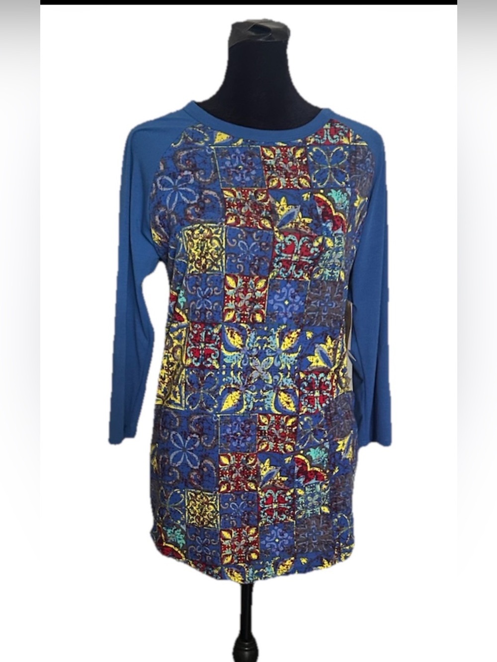 LuLaRoe Randy Women's T-Shirt XS Blue Multicolor Geometric 3/4 Raglan Tee
